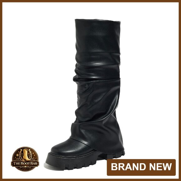 Slouchy Fold Over Platform Boots Wide Calf Chunky Sole Mid Calf